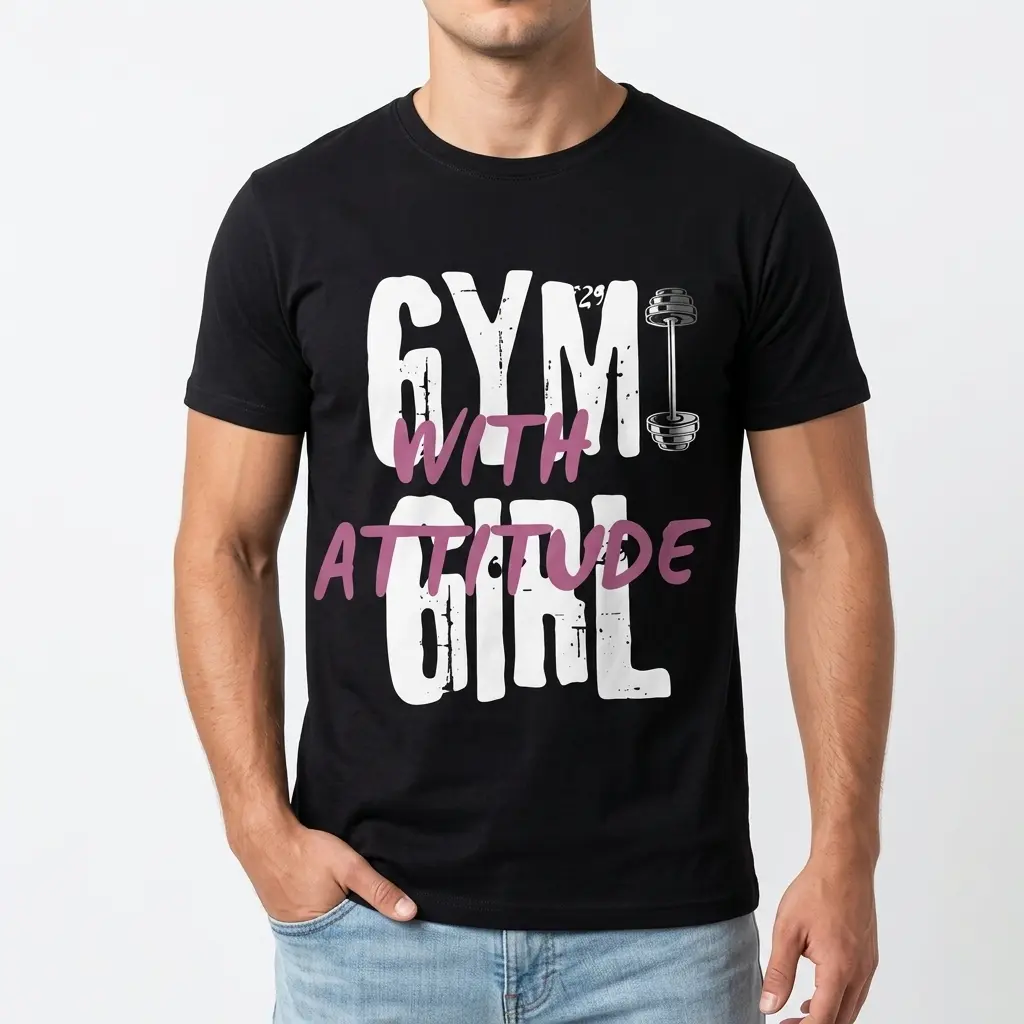 Close-up of 'Gym Girl With Attitude' text on shirt.