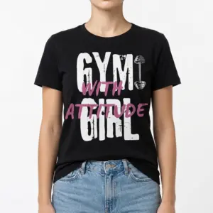 Gym Girl With Attitude Workout T-Shirt 9 Detailed view of lettering and dumbbell design on shirt.
