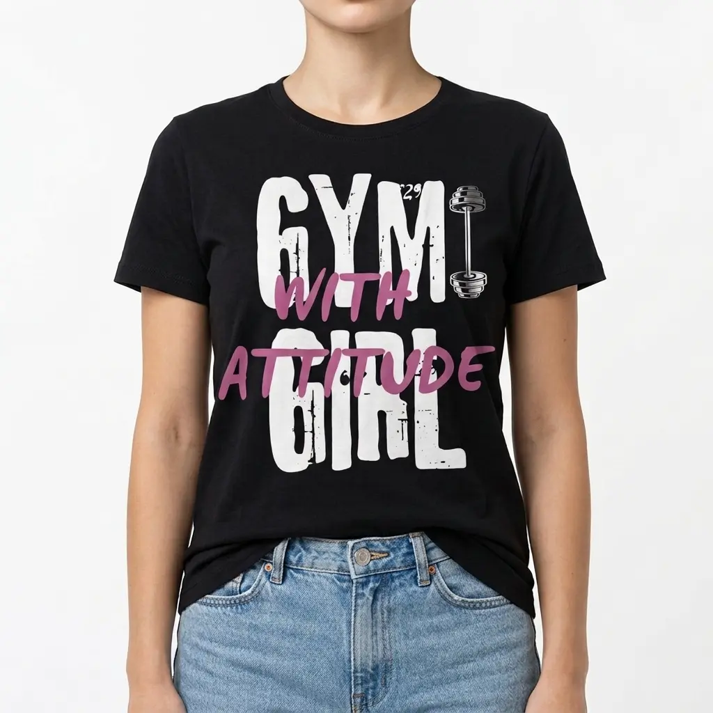 Detailed view of lettering and dumbbell design on shirt.