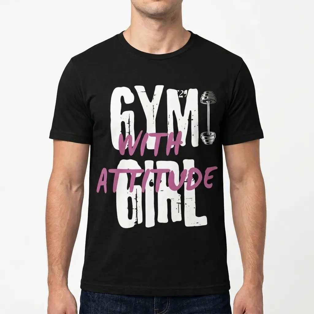 Full view of gym shirt showcasing attitude-themed text.