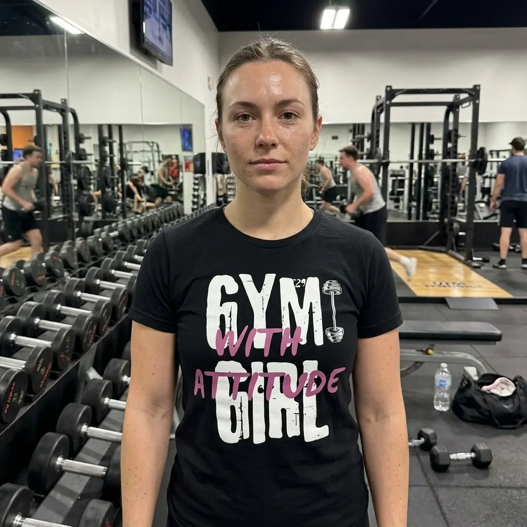 Model wearing 'Gym Girl With Attitude' shirt in a casual setting.