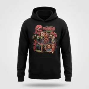 Halloween Horror Nights Retro Monster Movie Tee 7 Black hoodie displaying a classic Halloween monster movie collage including a skull and scary characters.