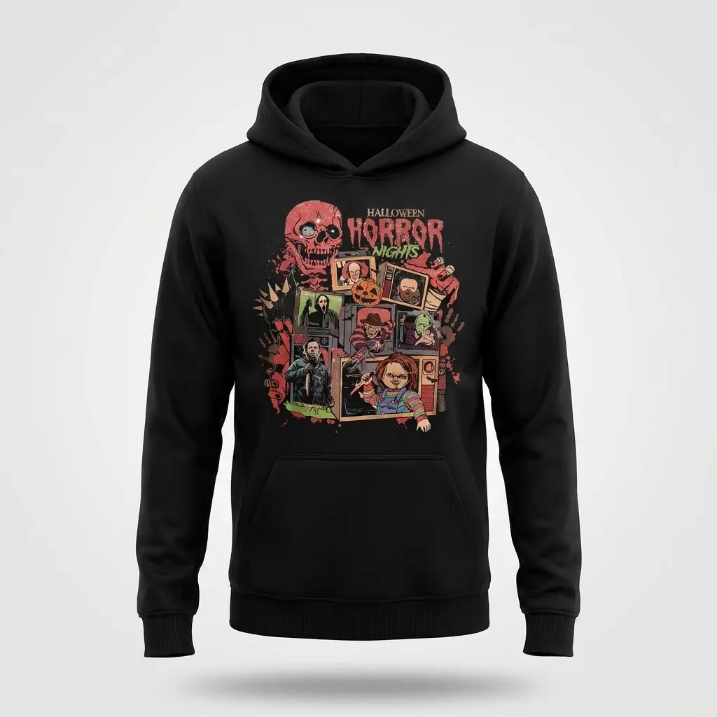 Halloween Horror Nights Retro Monster Movie Tee 2 Black hoodie displaying a classic Halloween monster movie collage including a skull and scary characters.