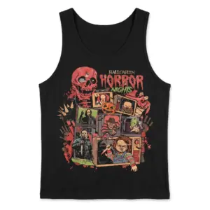 Halloween Horror Nights Retro Monster Movie Tee 8 Black tank top with a spooky retro Halloween collage design showing famous horror characters and text.