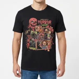 Halloween Horror Nights Retro Monster Movie Tee 9 Man wearing a black Halloween horror movie t-shirt with a vintage monster collage and 'Halloween Horror Nights' design.
