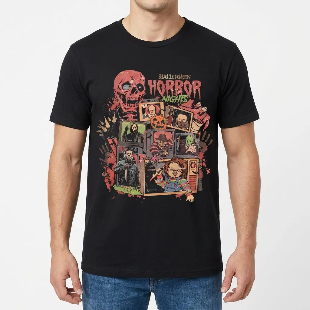 Halloween Horror Nights Retro Monster Movie Tee 4 Man wearing a black Halloween horror movie t-shirt with a vintage monster collage and 'Halloween Horror Nights' design.