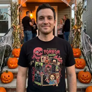 Halloween Horror Nights Retro Monster Movie Tee 10 A black Halloween horror movie t-shirt featuring a retro monster collage, presented in a lifestyle view.