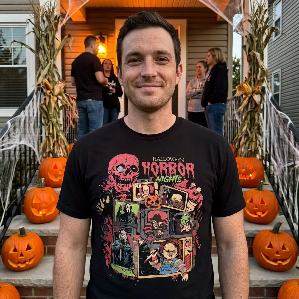 Halloween Horror Nights Retro Monster Movie Tee 5 A black Halloween horror movie t-shirt featuring a retro monster collage, presented in a lifestyle view.