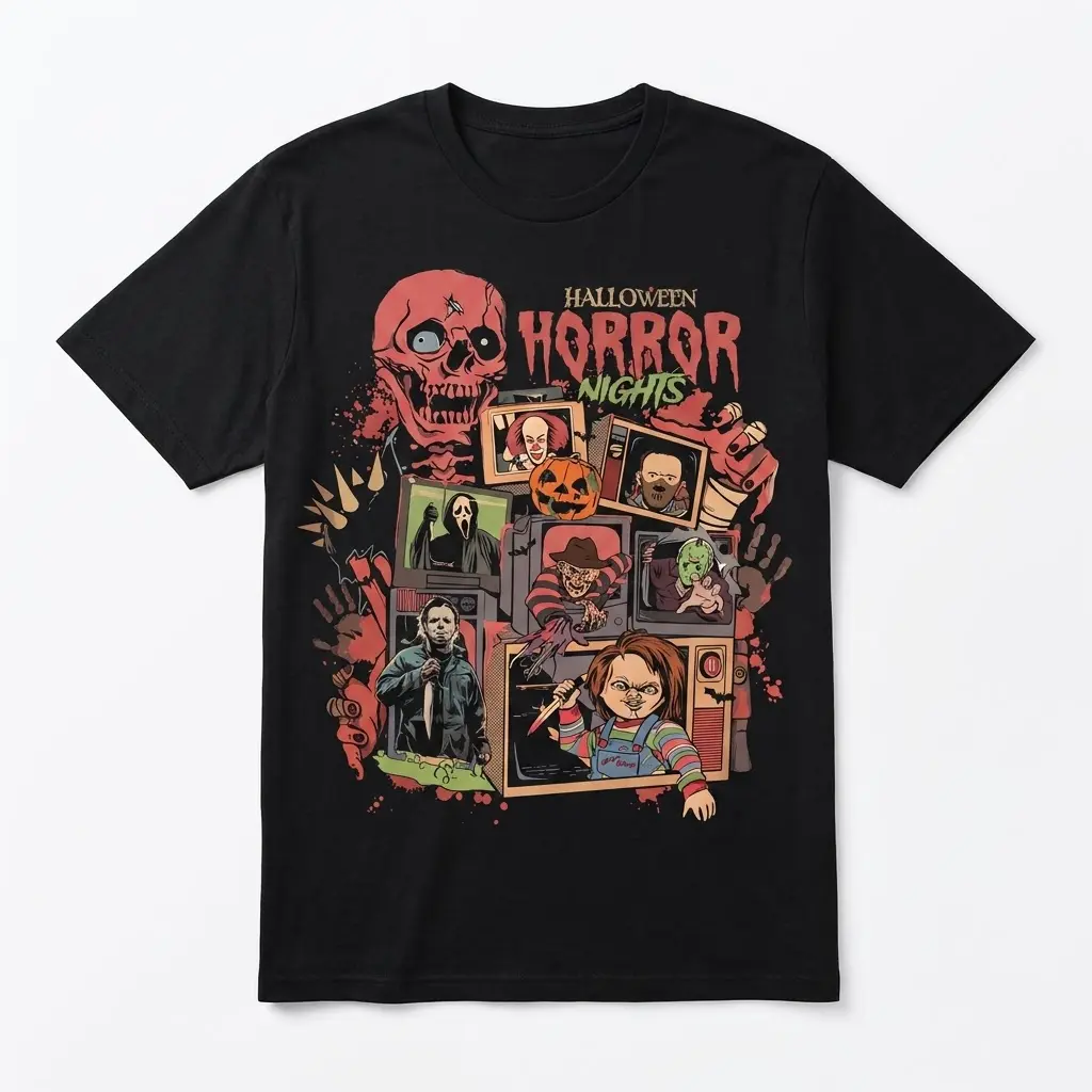 Halloween Horror Nights Retro Monster Movie Tee 1 Black t-shirt with a retro Halloween horror movie collage featuring iconic monsters and 'Halloween Horror Nights' text on the front.