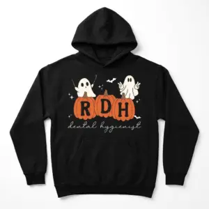 Halloween RDH Dental Hygienist Pumpkin T-Shirt 7 Front view of black T-shirt with Halloween RDH design of pumpkins and ghosts.