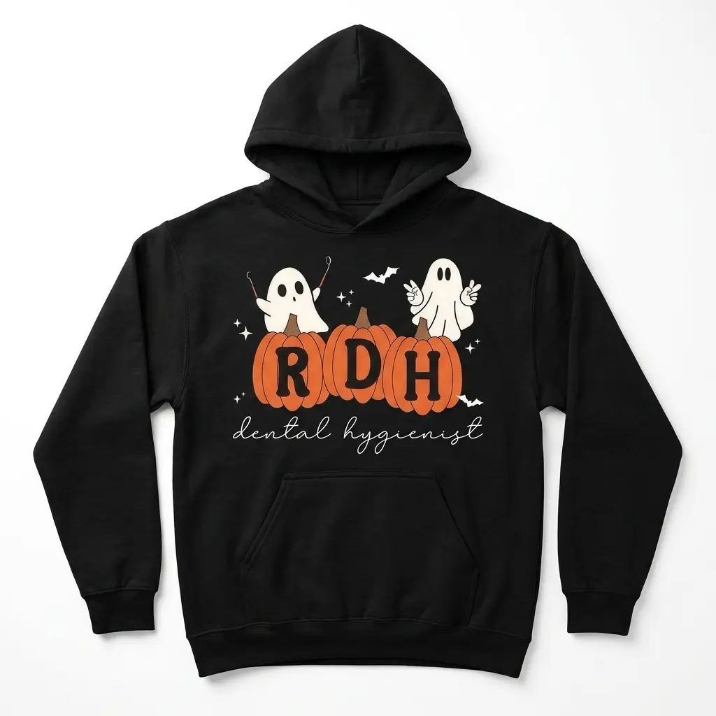 Front view of black T-shirt with Halloween RDH design of pumpkins and ghosts.