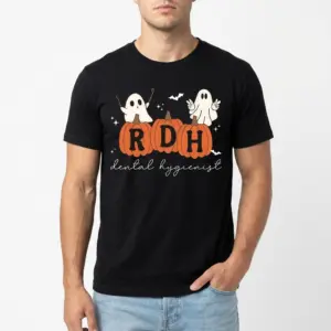 Halloween RDH Dental Hygienist Pumpkin T-Shirt 8 Close-up of Halloween RDH pumpkin design on black T-shirt.