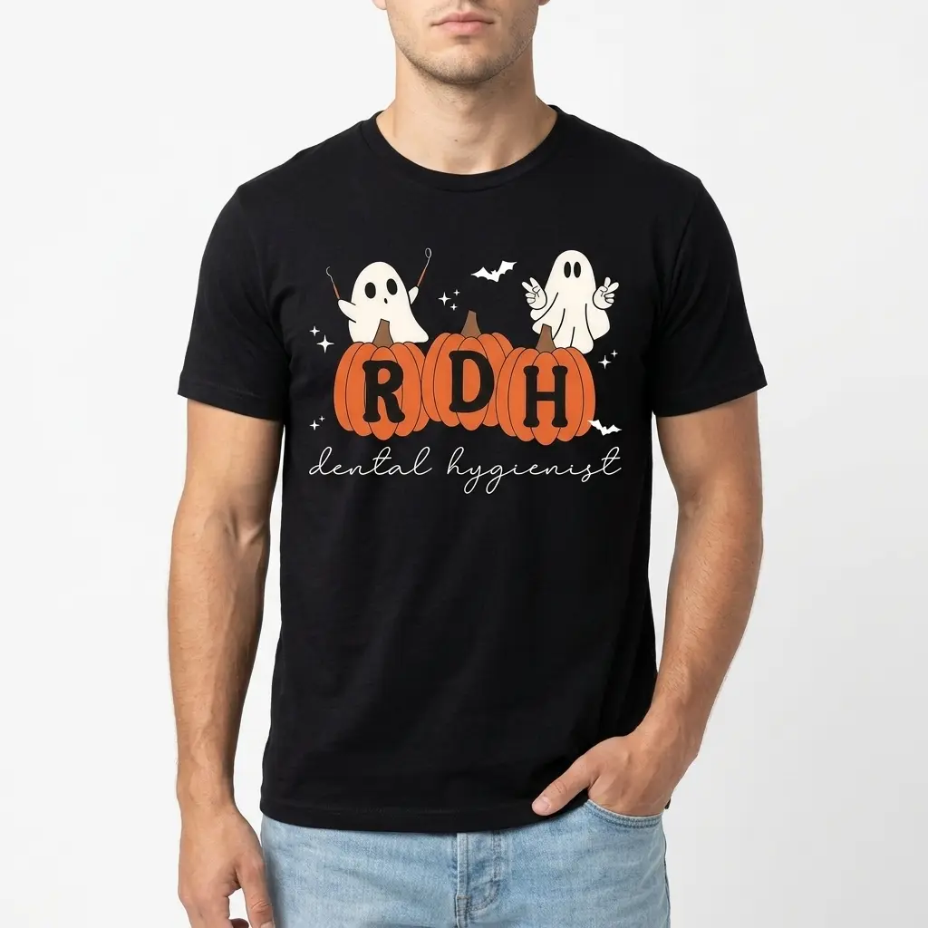 Close-up of Halloween RDH pumpkin design on black T-shirt.