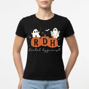 Halloween RDH Dental Hygienist Pumpkin T-Shirt 9 Detailed view of RDH pumpkin-themed Halloween shirt with ghosts.