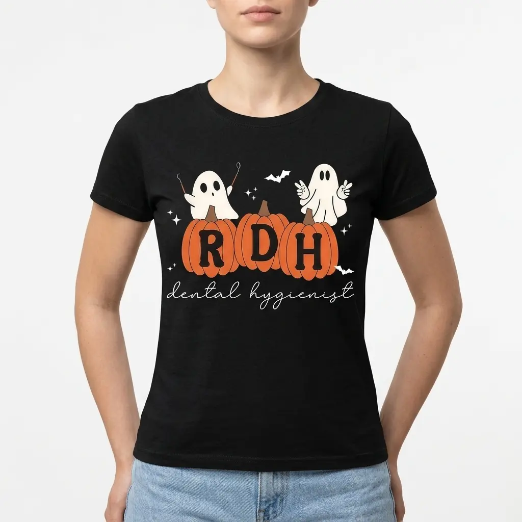 Detailed view of RDH pumpkin-themed Halloween shirt with ghosts.