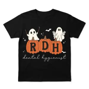 Black T-shirt with Halloween-themed RDH design featuring ghosts and pumpkins.
