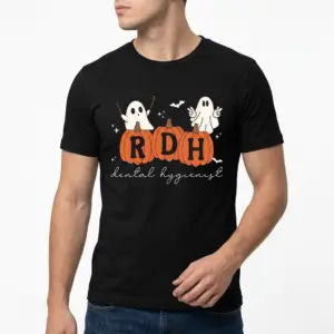 Halloween RDH Dental Hygienist Pumpkin T-Shirt 10 Black shirt showcasing RDH Halloween design with pumpkins and ghosts.