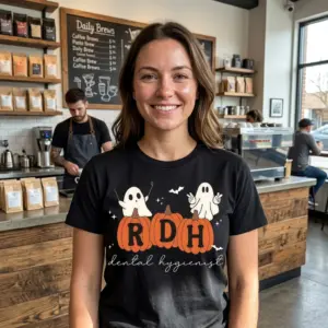 Halloween RDH Dental Hygienist Pumpkin T-Shirt 11 Person wearing Halloween dental hygienist T-shirt with pumpkin and ghost design.