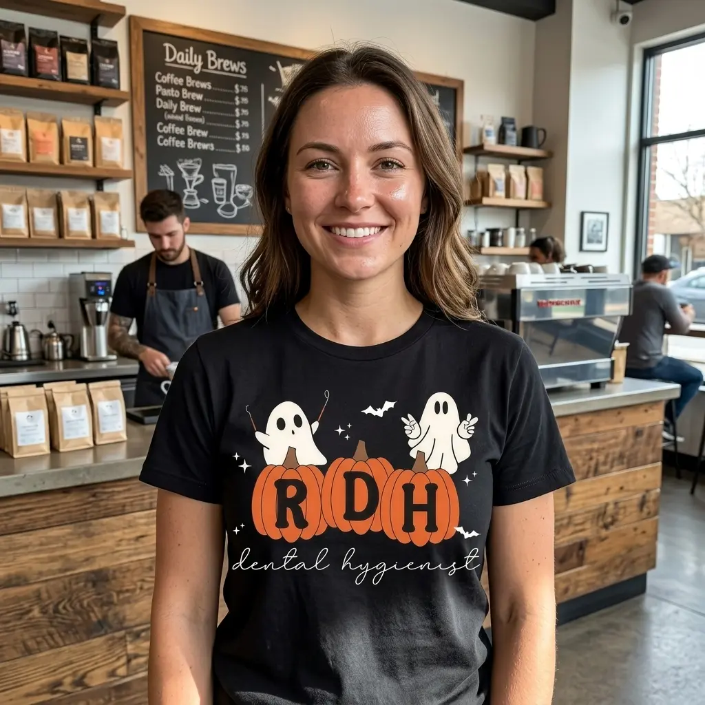 Person wearing Halloween dental hygienist T-shirt with pumpkin and ghost design.