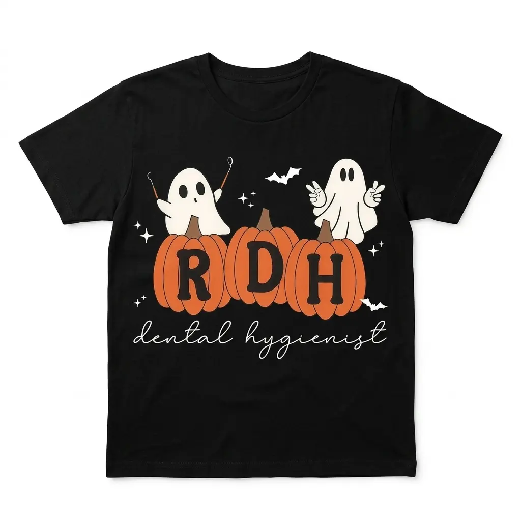 Black T-shirt with Halloween-themed RDH design featuring ghosts and pumpkins.