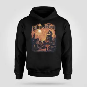 Halloweentown EST. 1998 Spooky Village Tee 7 Black hoodie featuring a vintage "Halloweentown EST. 1998" graphic of a spooky village with a jack-o'-lantern on a clock tower.