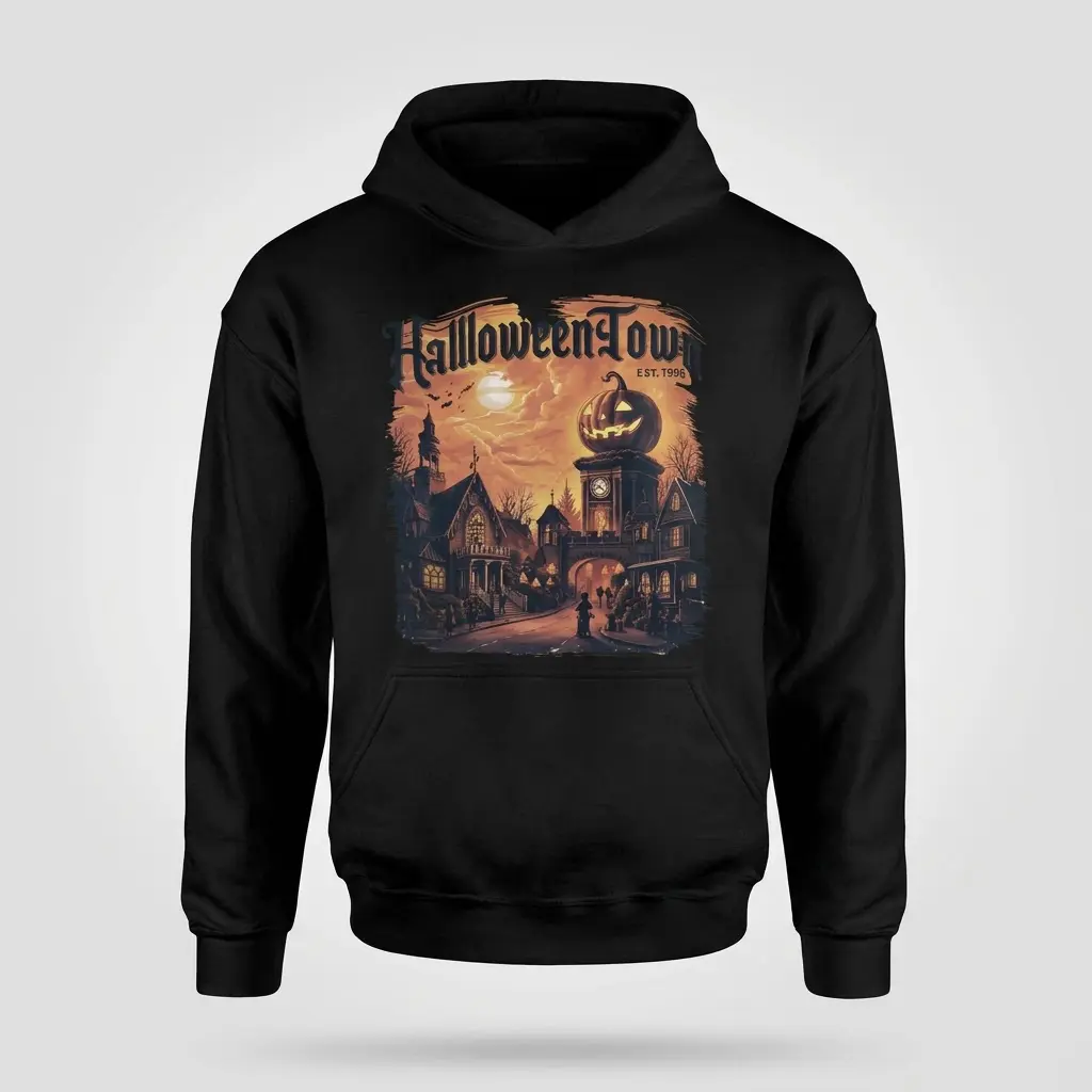 Halloweentown EST. 1998 Spooky Village Tee 2 Black hoodie featuring a vintage "Halloweentown EST. 1998" graphic of a spooky village with a jack-o'-lantern on a clock tower.