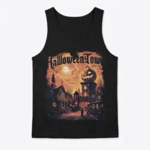 Halloweentown EST. 1998 Spooky Village Tee 8 Black tank top featuring a vintage "Halloweentown EST. 1998" graphic of a spooky village with a jack-o'-lantern on a clock tower.