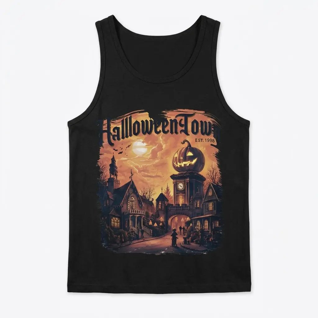 Halloweentown EST. 1998 Spooky Village Tee 3 Black tank top featuring a vintage "Halloweentown EST. 1998" graphic of a spooky village with a jack-o'-lantern on a clock tower.