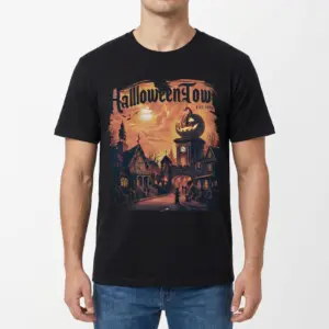 Halloweentown EST. 1998 Spooky Village Tee 9 Man wearing the black "Halloweentown EST. 1998" t-shirt, showcasing the spooky village graphic on the front.