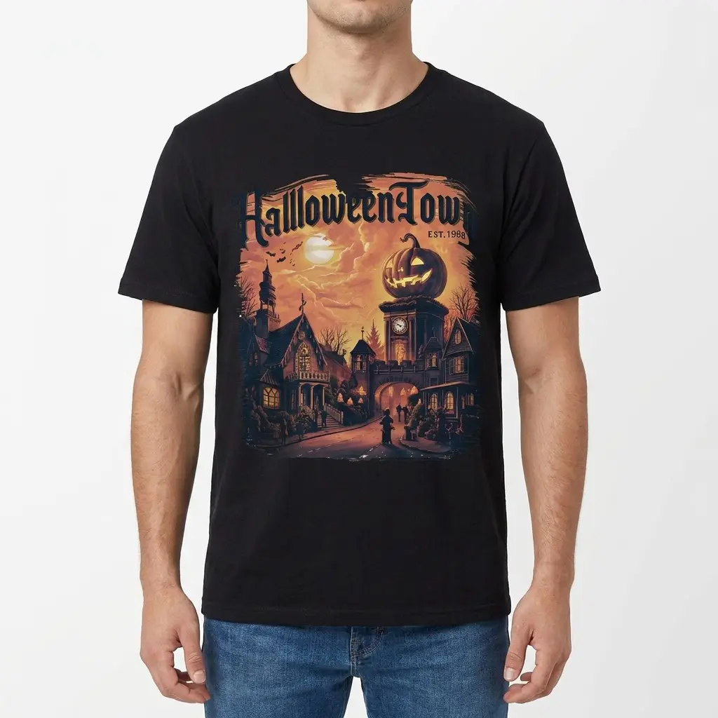 Halloweentown EST. 1998 Spooky Village Tee 4 Man wearing the black "Halloweentown EST. 1998" t-shirt, showcasing the spooky village graphic on the front.