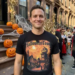 Halloweentown EST. 1998 Spooky Village Tee 10 Black tee featuring a vintage "Halloweentown EST. 1998" village graphic, shown in a lifestyle context.