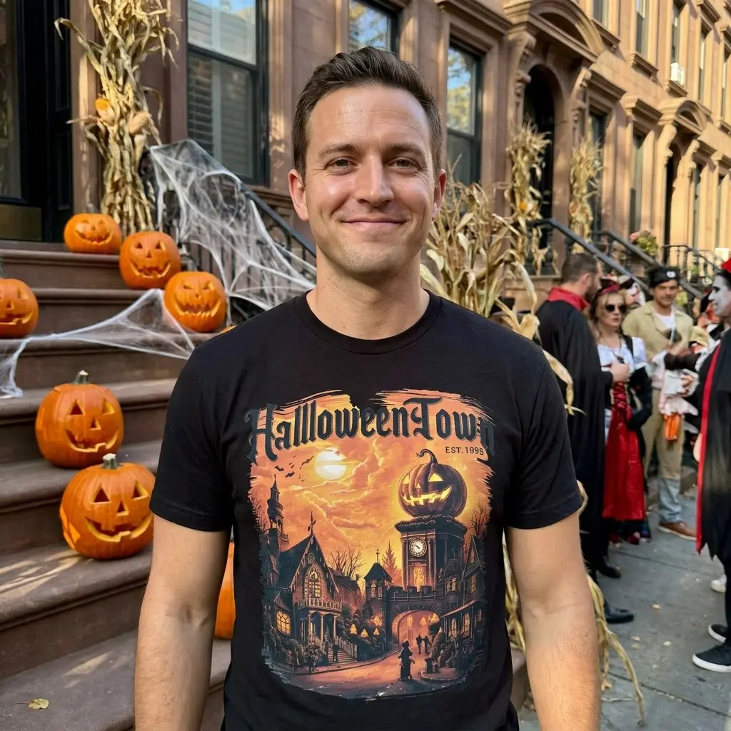 Halloweentown EST. 1998 Spooky Village Tee 5 Black tee featuring a vintage "Halloweentown EST. 1998" village graphic, shown in a lifestyle context.