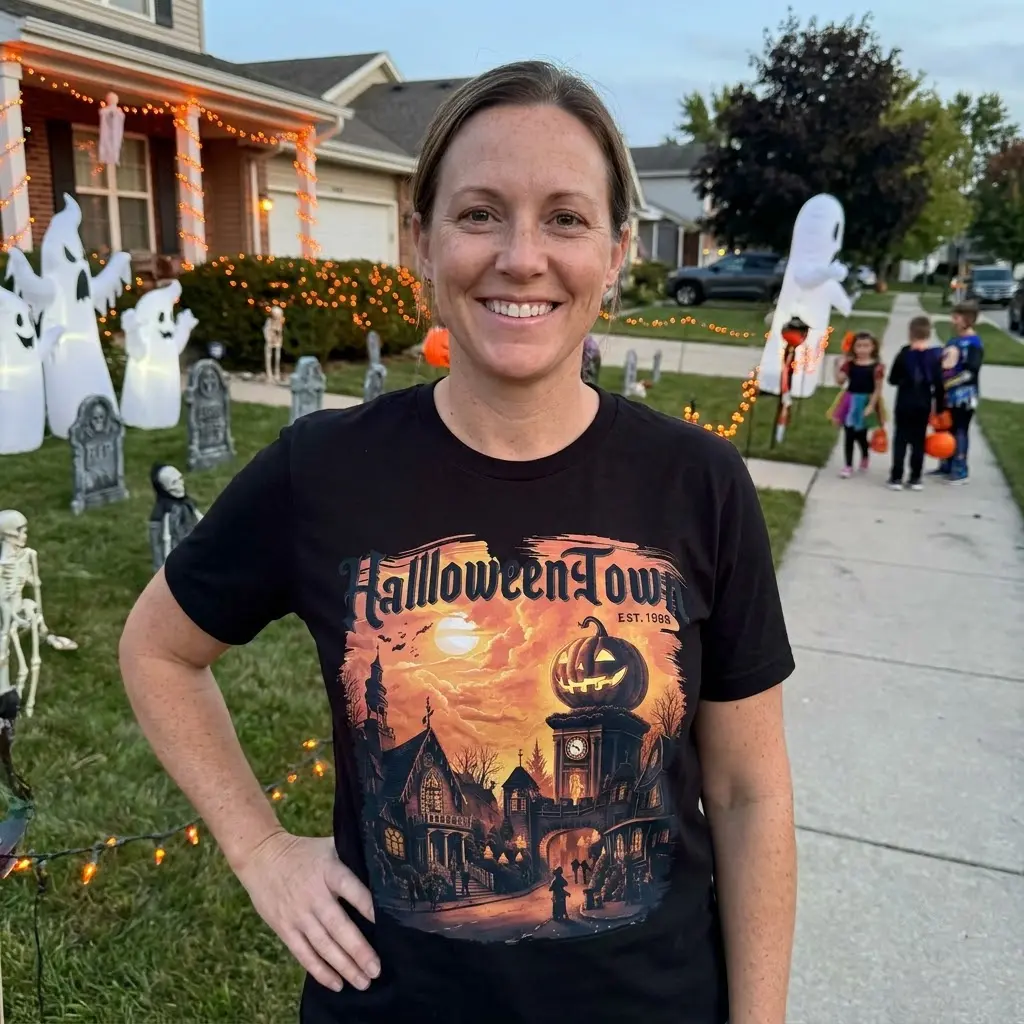 Halloweentown EST. 1998 Spooky Village Tee 6 Front of a black garment with the "Halloweentown EST. 1998" spooky village graphic, presented in a lifestyle scene.