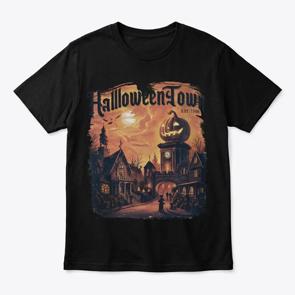 Halloweentown EST. 1998 Spooky Village Tee 1 Black t-shirt featuring a vintage "Halloweentown EST. 1998" graphic of a spooky village with a jack-o'-lantern on a clock tower.