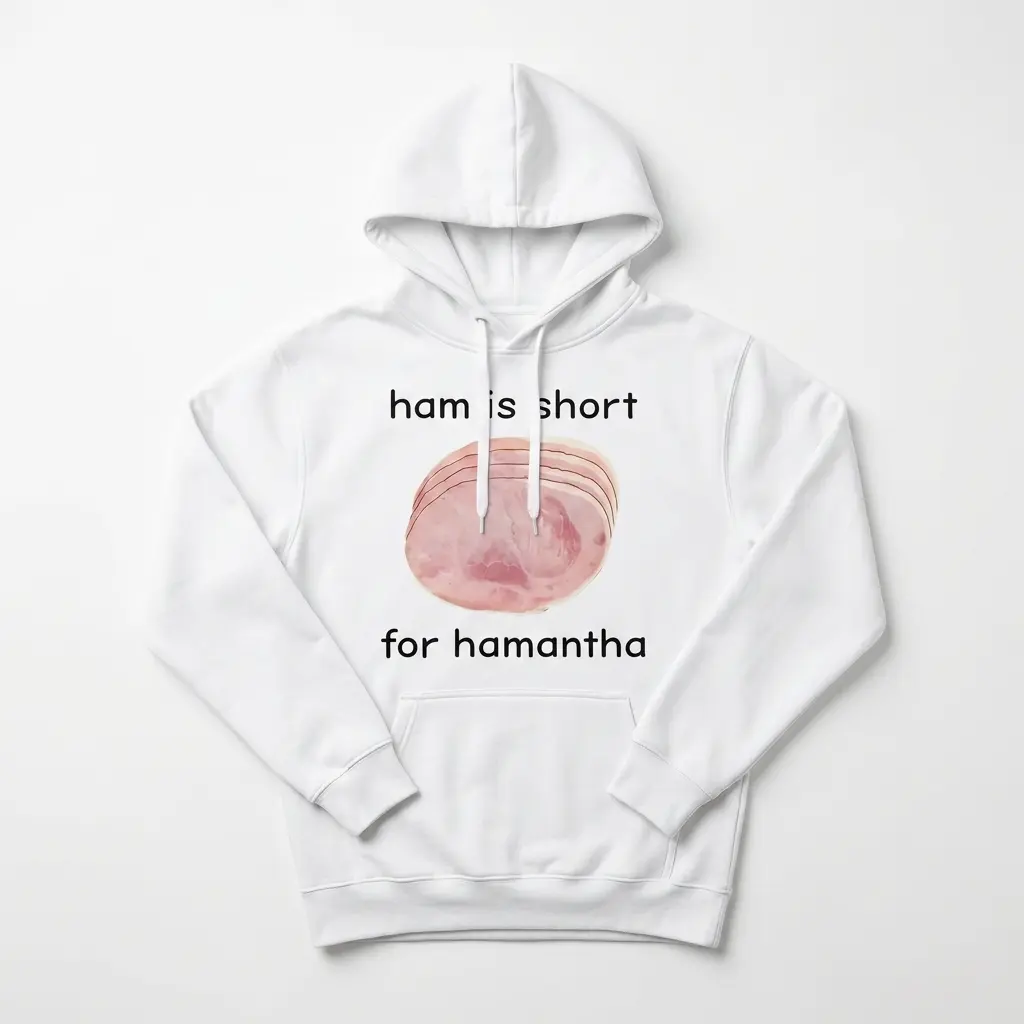 Front view of a humorous T-shirt with a ham design and funny text.