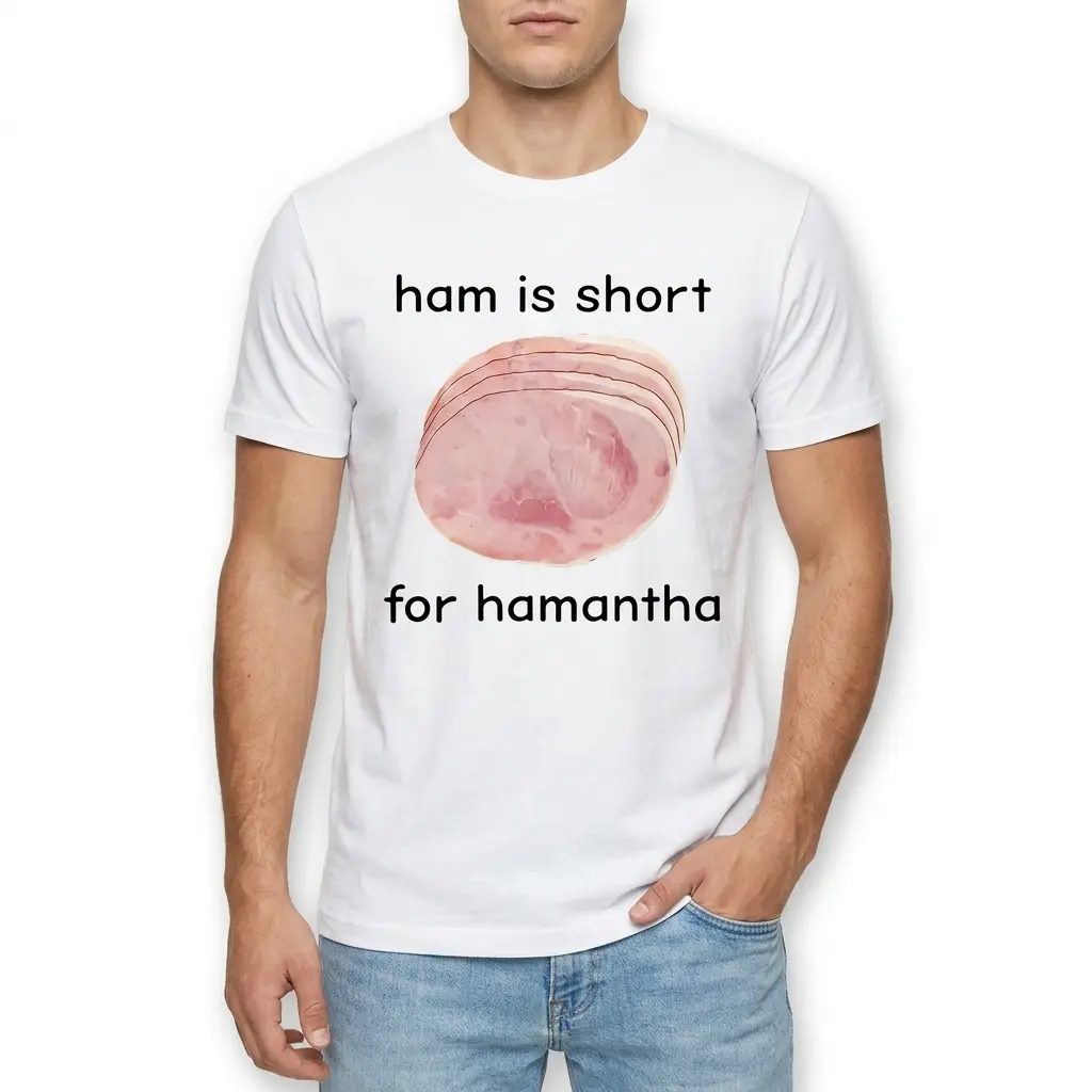 Close-up of a T-shirt with a ham slice illustration and playful text.