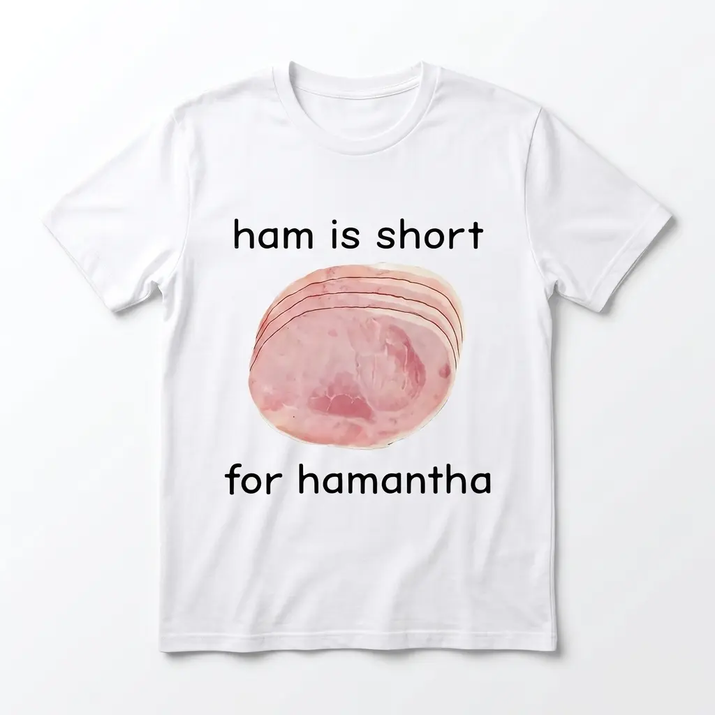 White T-shirt with a ham graphic and 'ham is short for hamantha' text.