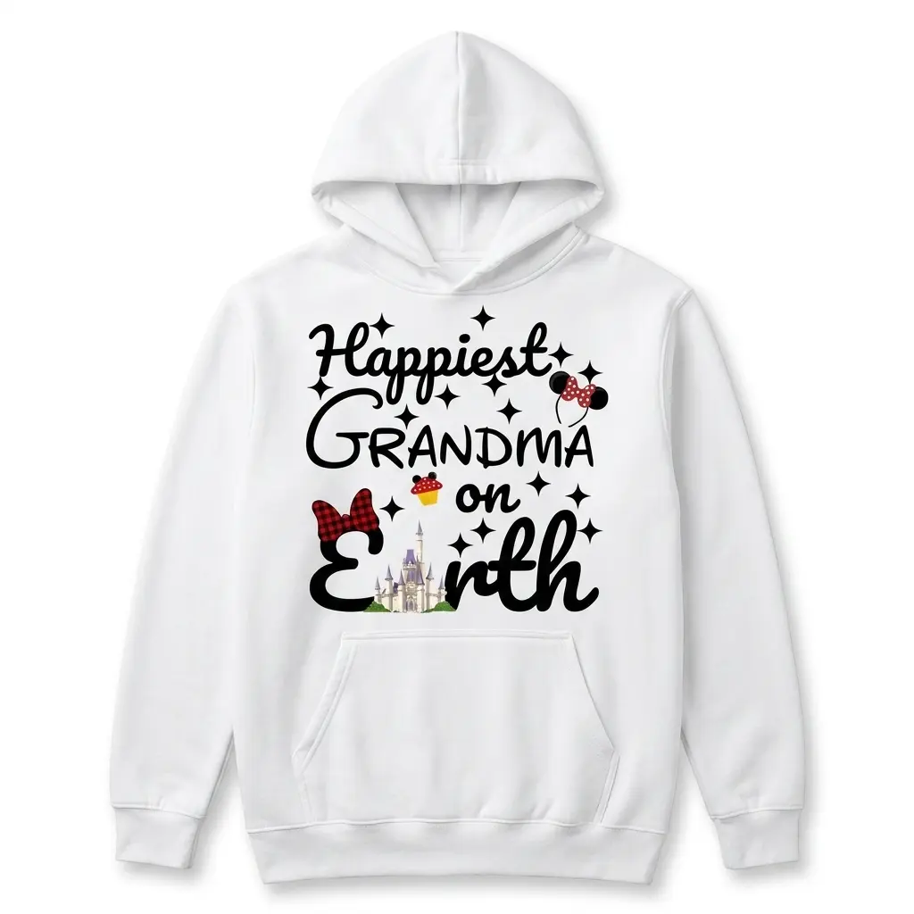 Front view of T-shirt displaying 'Happiest Grandma On Earth' theme design.