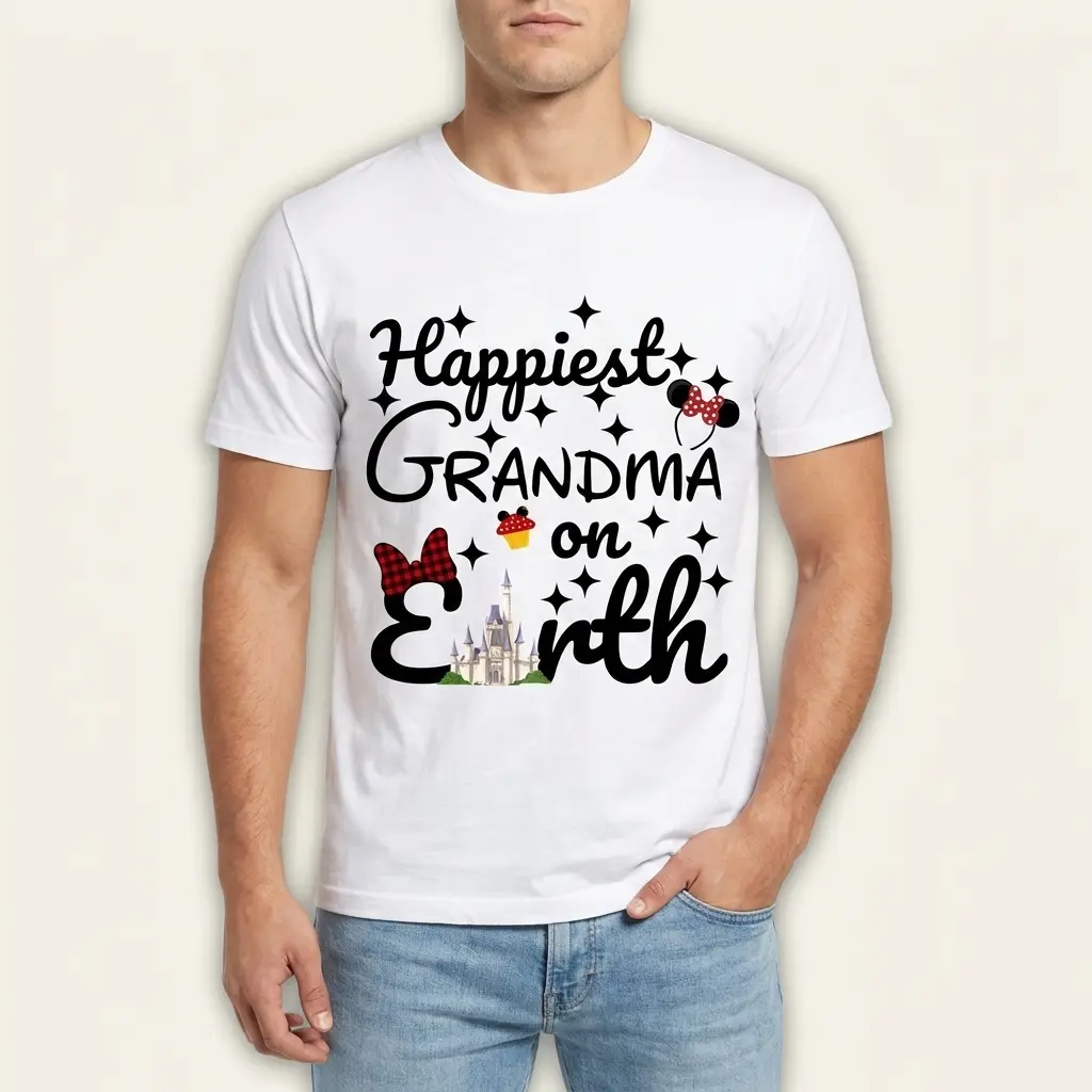 Close-up of T-shirt print, 'Happiest Grandma On Earth' with whimsical elements.