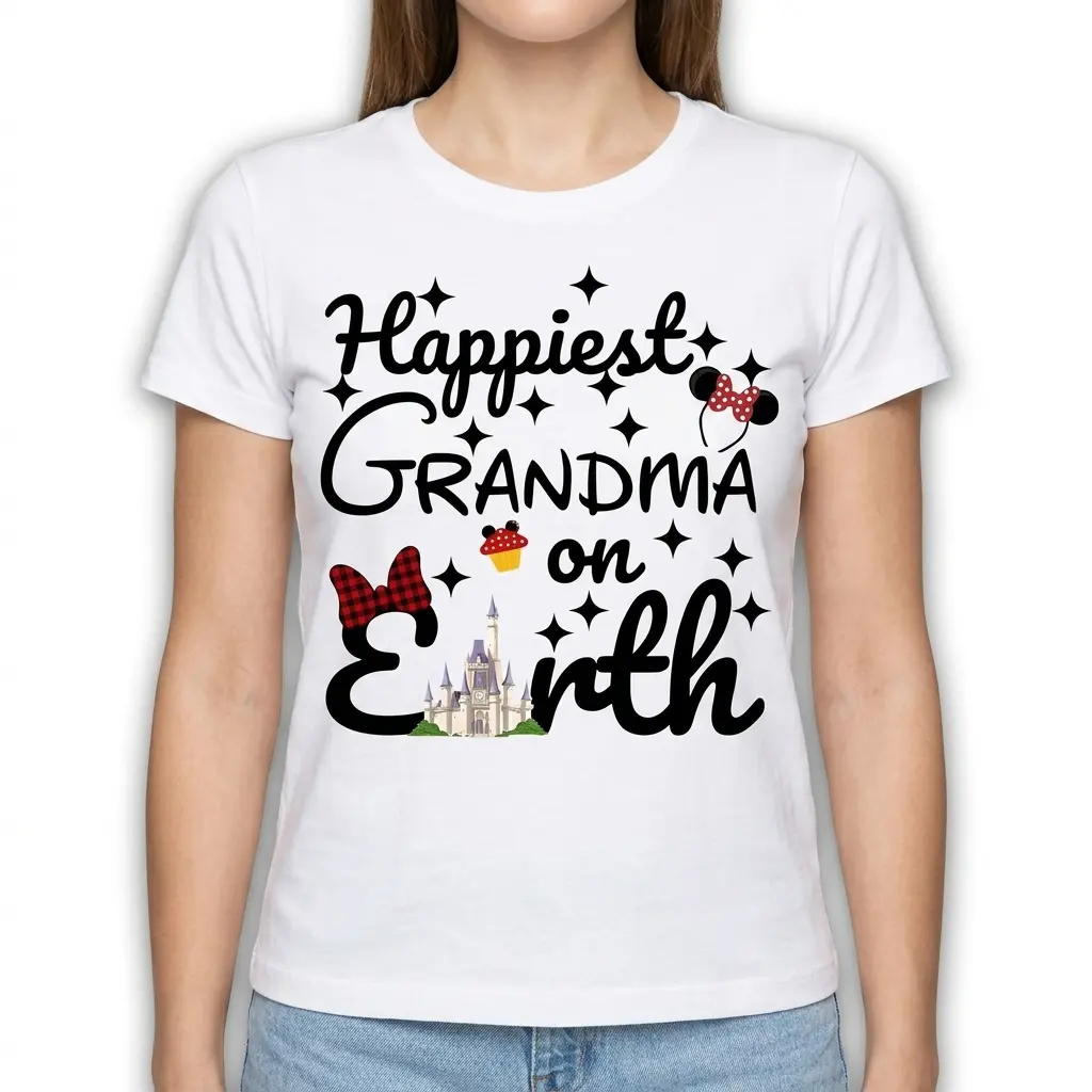 Detailed look at the 'Happiest Grandma On Earth' graphic on T-shirt.