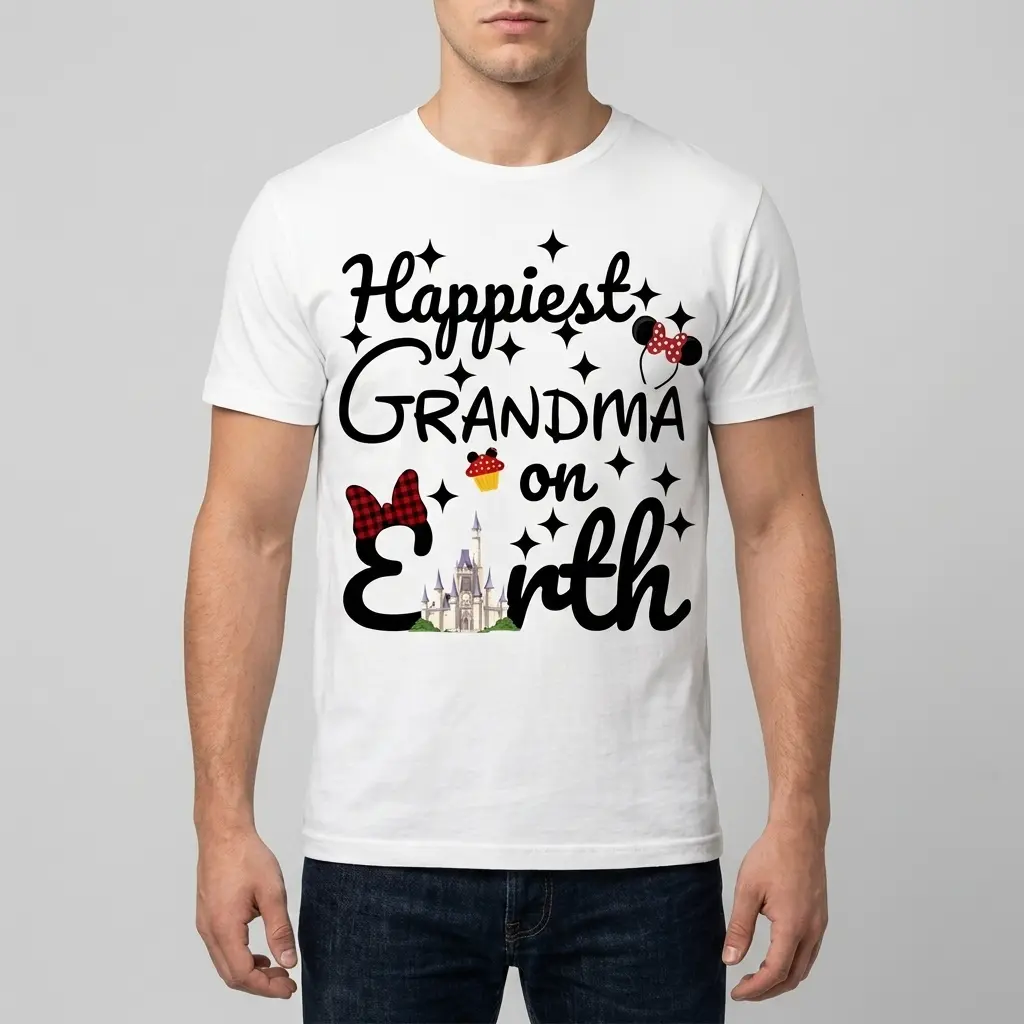 T-shirt featuring fun 'Happiest Grandma On Earth' design laid flat.