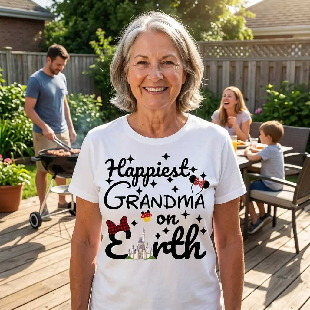 Person wearing 'Happiest Grandma On Earth' T-shirt in a casual setting.