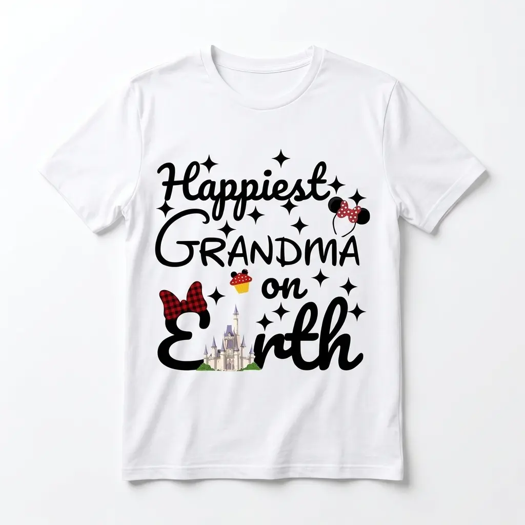 White T-shirt with 'Happiest Grandma On Earth' design featuring playful graphics.