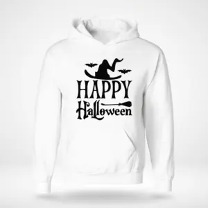 Happy Halloween Witch Hat T-Shirt 7 Front flat lay of a hoodie designed with 'Happy Halloween' text and witch imagery.