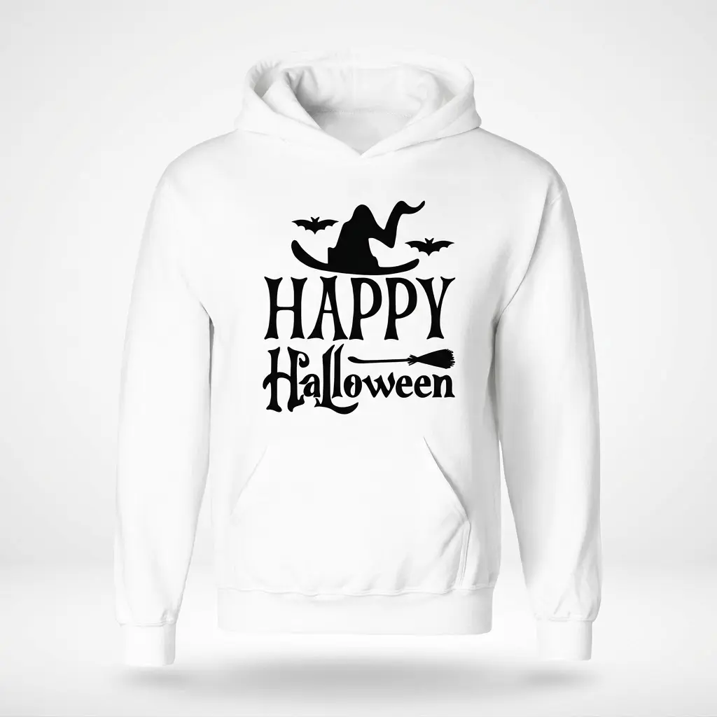 Happy Halloween Witch Hat T-Shirt 2 Front flat lay of a hoodie designed with 'Happy Halloween' text and witch imagery.