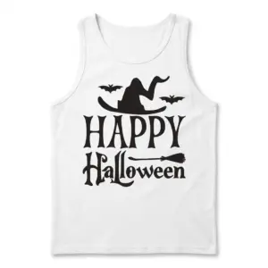 Happy Halloween Witch Hat T-Shirt 8 Front flat lay of a tank top displaying 'Happy Halloween' with bats and a witch hat.