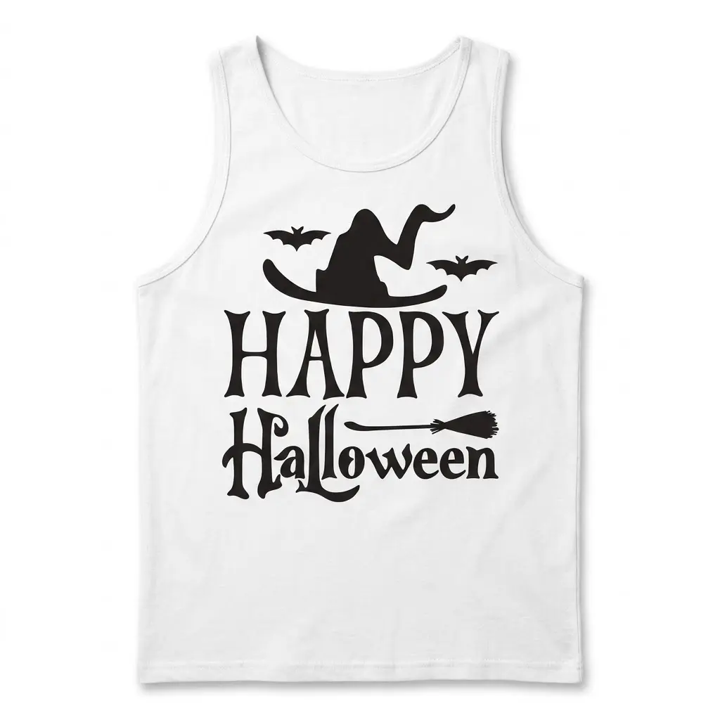Happy Halloween Witch Hat T-Shirt 3 Front flat lay of a tank top displaying 'Happy Halloween' with bats and a witch hat.