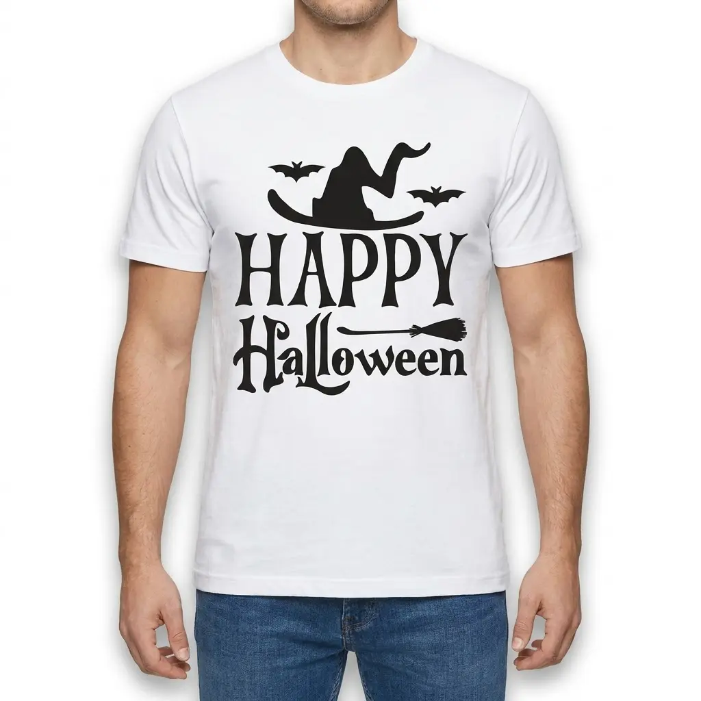 Happy Halloween Witch Hat T-Shirt 4 Man wearing a 'Happy Halloween' t-shirt with a witch hat and bats design.