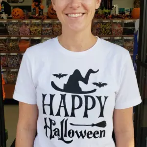 Happy Halloween Witch Hat T-Shirt 10 Casual look featuring the 'Happy Halloween' graphic t-shirt in a relaxed setting.
