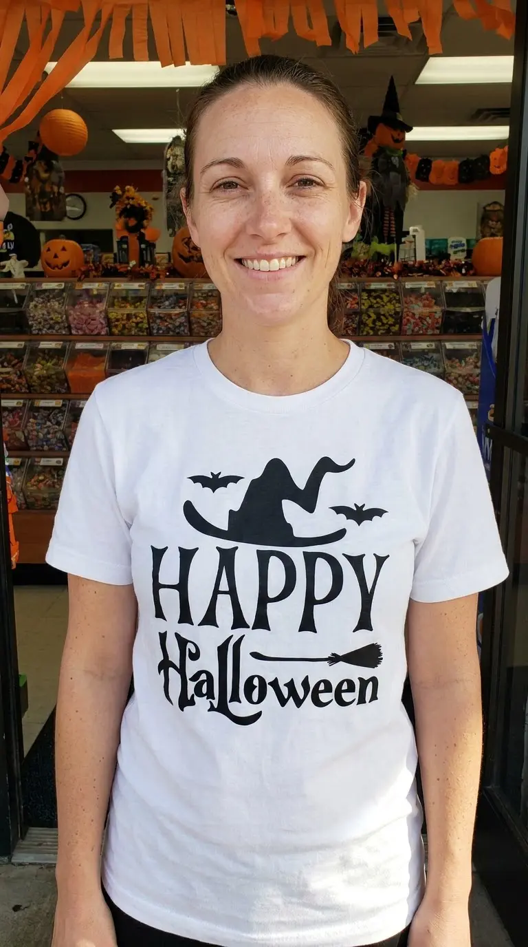 Happy Halloween Witch Hat T-Shirt 5 Casual look featuring the 'Happy Halloween' graphic t-shirt in a relaxed setting.